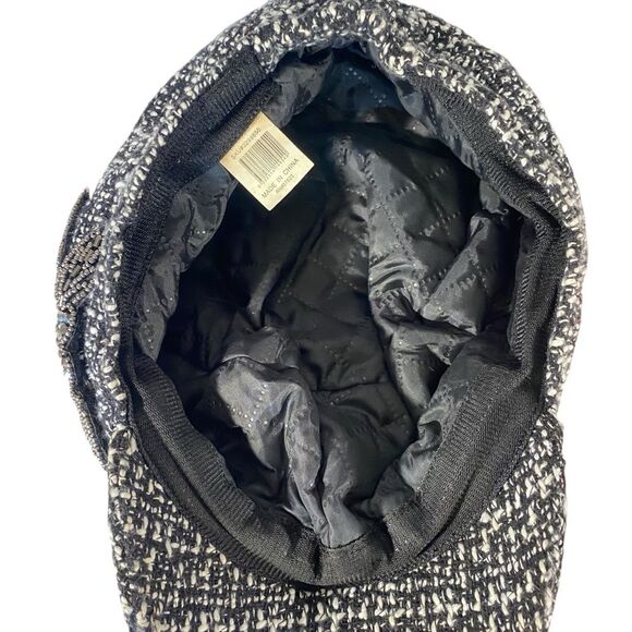 News Boy Cap Black White Tweed Hat with Rhinestone Applique Fully Lined - Picture 6 of 8